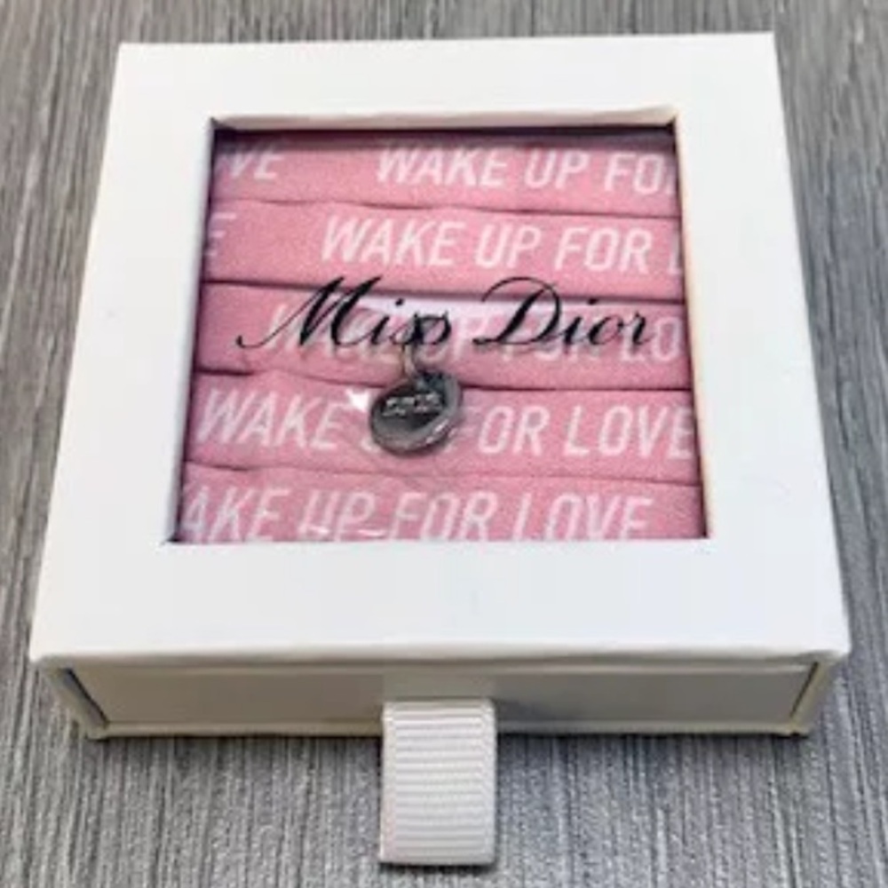 DIOR CHARM BRACELET / PINK SILK RIBBON /SILVER ROUND LOGO / LTD ED / MISS DIOR